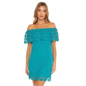Trina Turk Bardot Daisy Crochet Off Shoulder Mini Dress Teal Blue Size Small